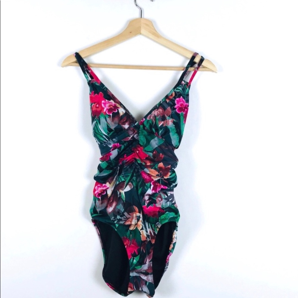 Aqua Green Tropical Floral One Piece Swimsuit S